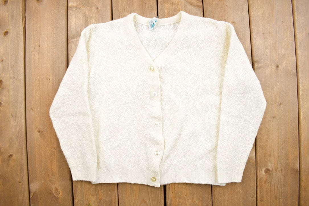 Vintage 1980s Carol Brent Knitted Cardigan Sweater / Vintage Cardigan /  Button Up / Basic / Blank / White / Made in USA / Orlon Acrylic