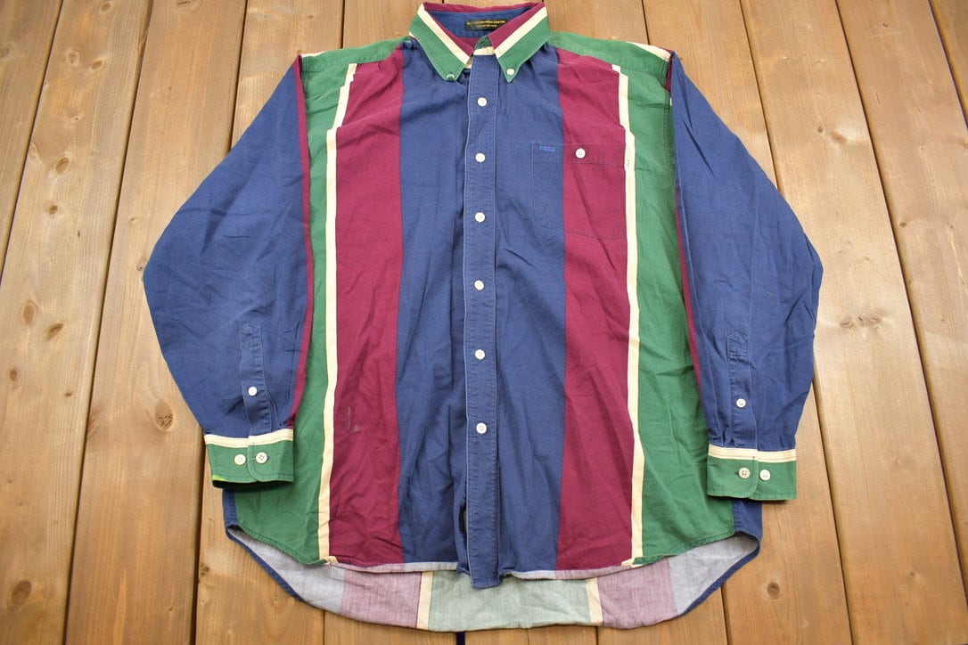 Vintage 1990s Alexander Julian Colours Button Up Shirt / 1990s Button Up /  Striped Shirt / Color Block / Casual Shirt / Formal Shirt /