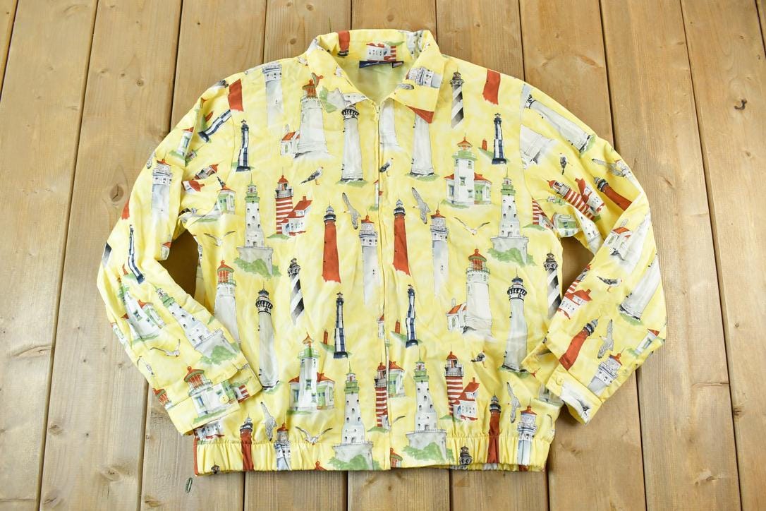 Vintage 1990s Yellow Lighthouse AOP Zip Up Shirt