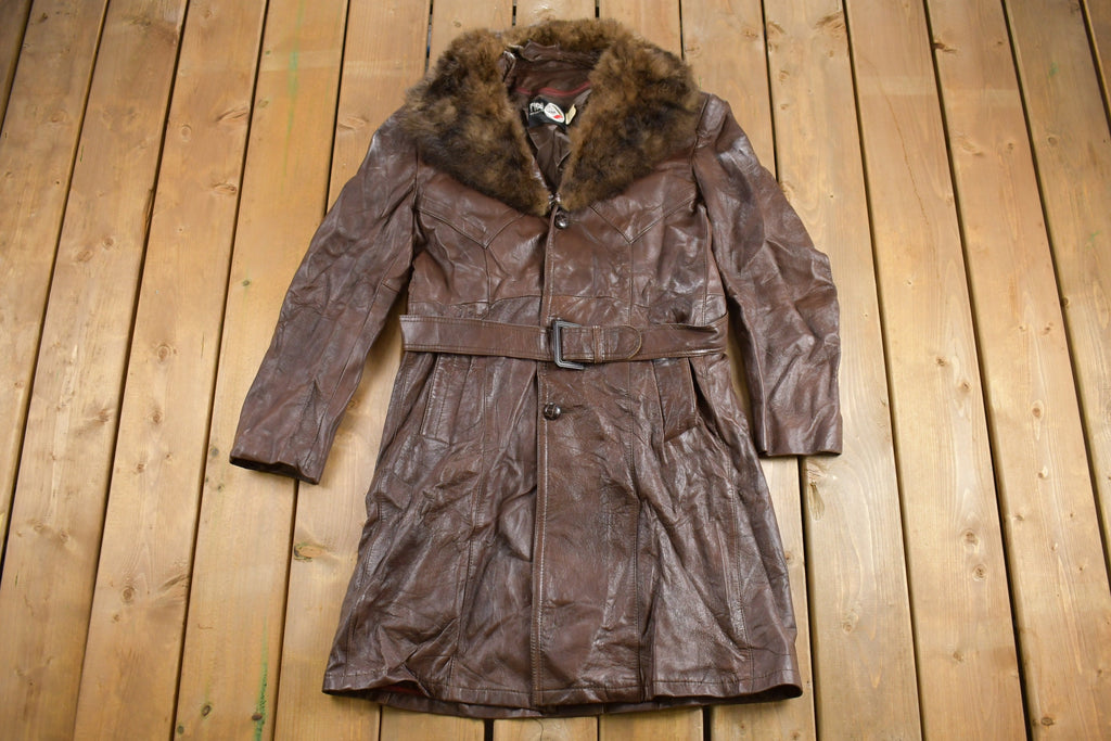 Vintage 1980s Fur Collar Leather Full Length Coat