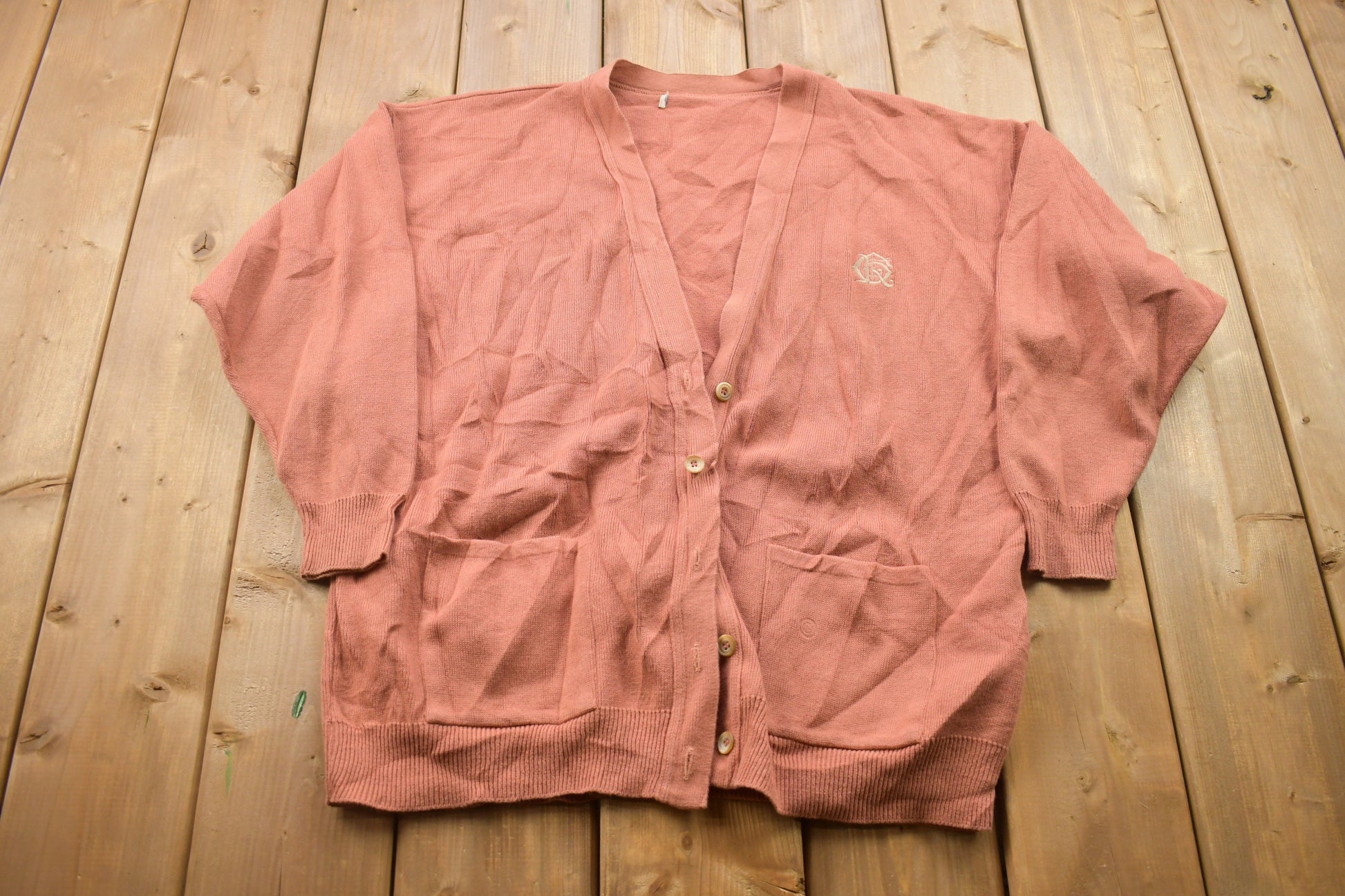 Vintage 1980s Pink Knit Cardigan Sweater / Vintage Cardigan / Button Up / Patchwork / Embroidered / Made In USA