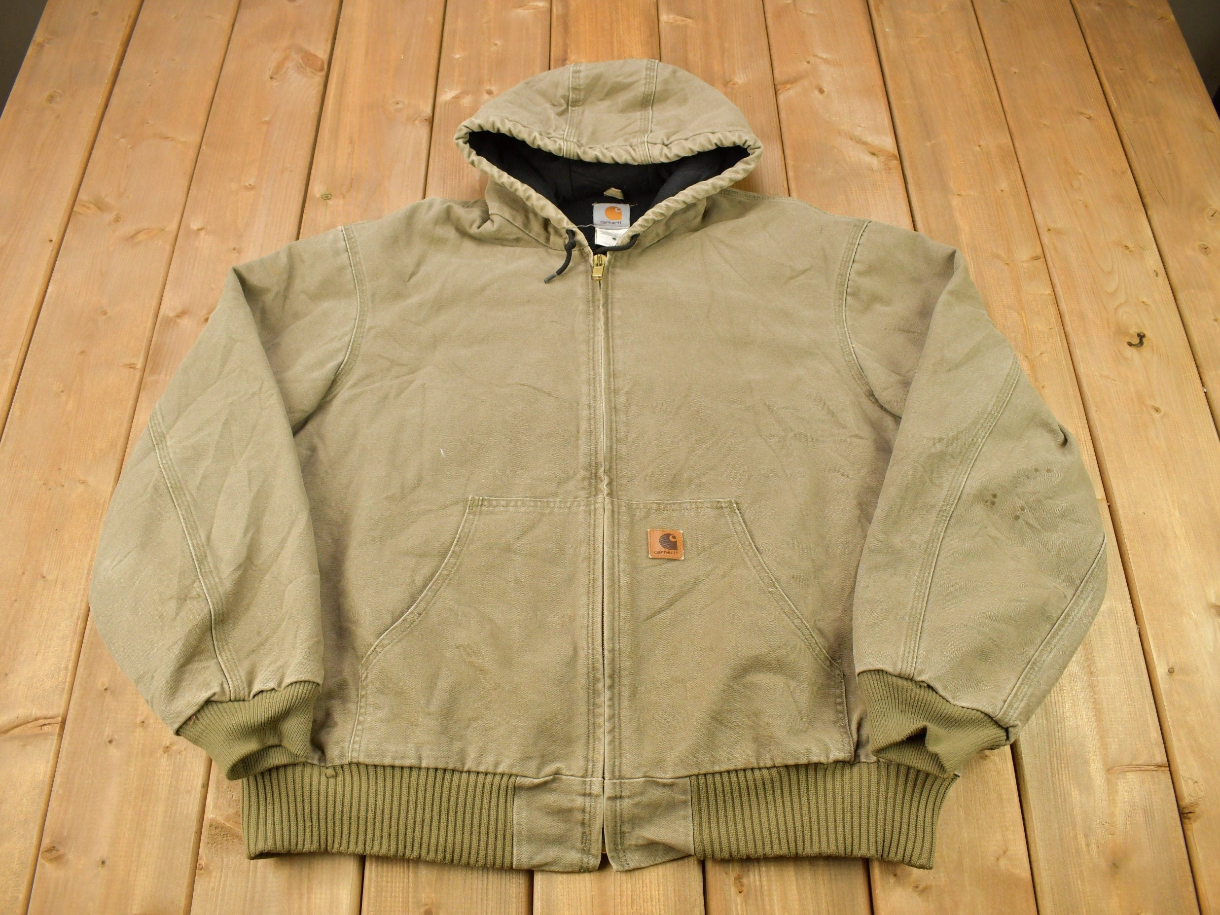 Vintage 1990s Carhartt Olive Green Hooded Cinched Active Jac Work Jacket
