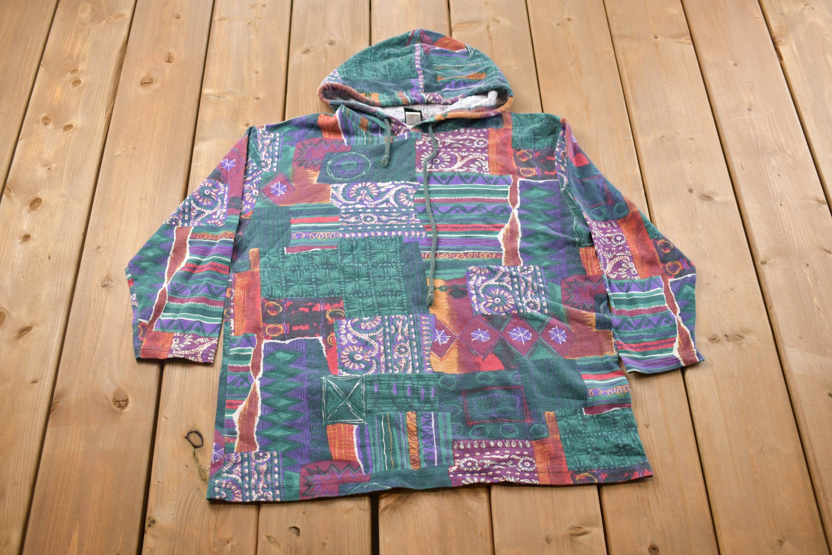 Vintage 1990s Basic Editions All Over Patchwork Patterned Hoodie