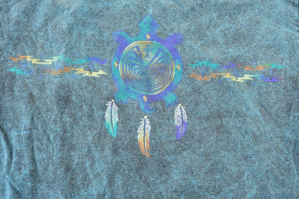 Vintage 1990s Black and Green Turtle Dream Catcher Graphic T-Shirt /