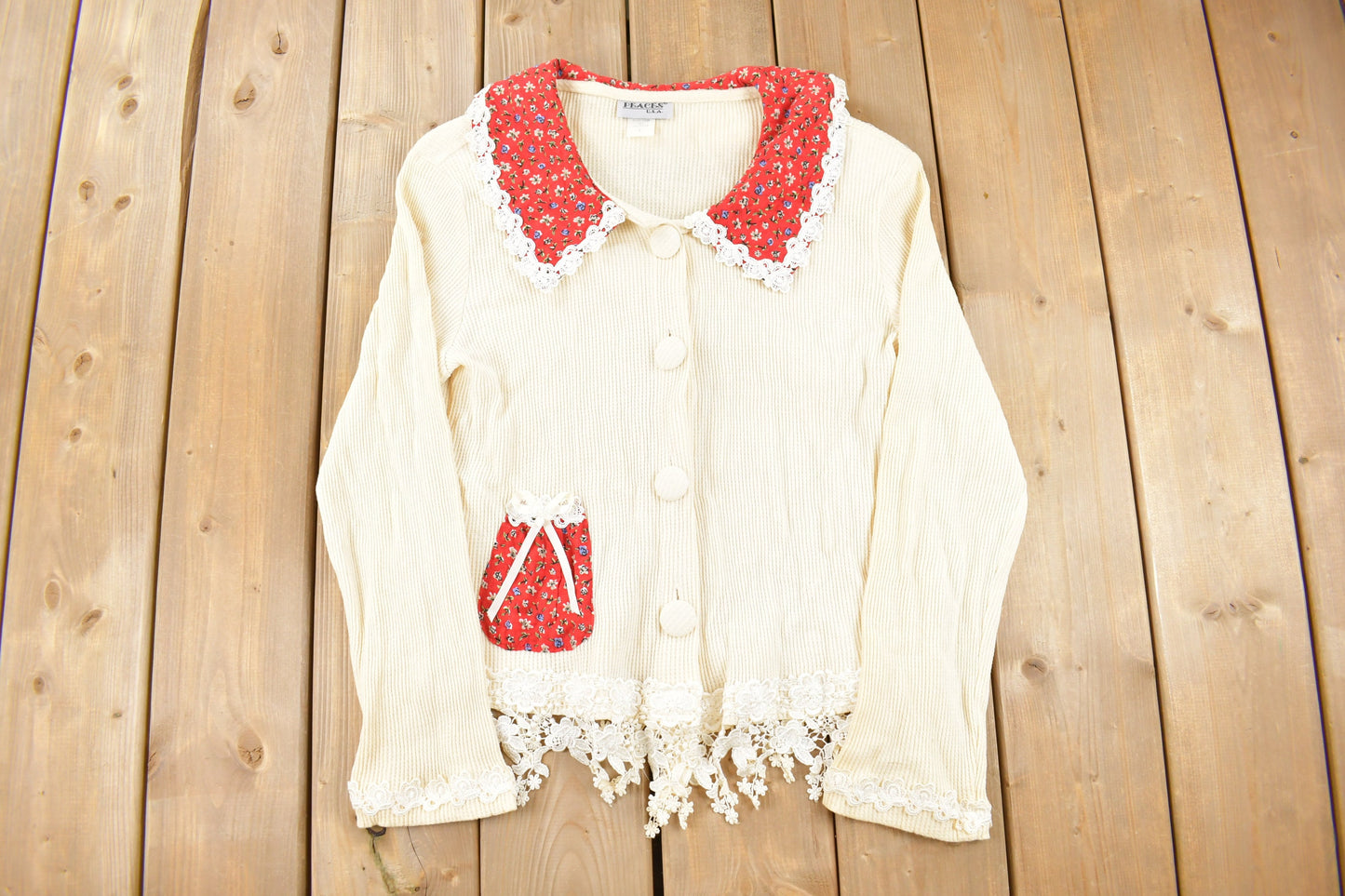 Vintage 1980s Doily Collar Knit Cardigan Sweater / Vintage Cardigan / Button Up / Lace Collar / Cute / Peaces USA / Made in USA /