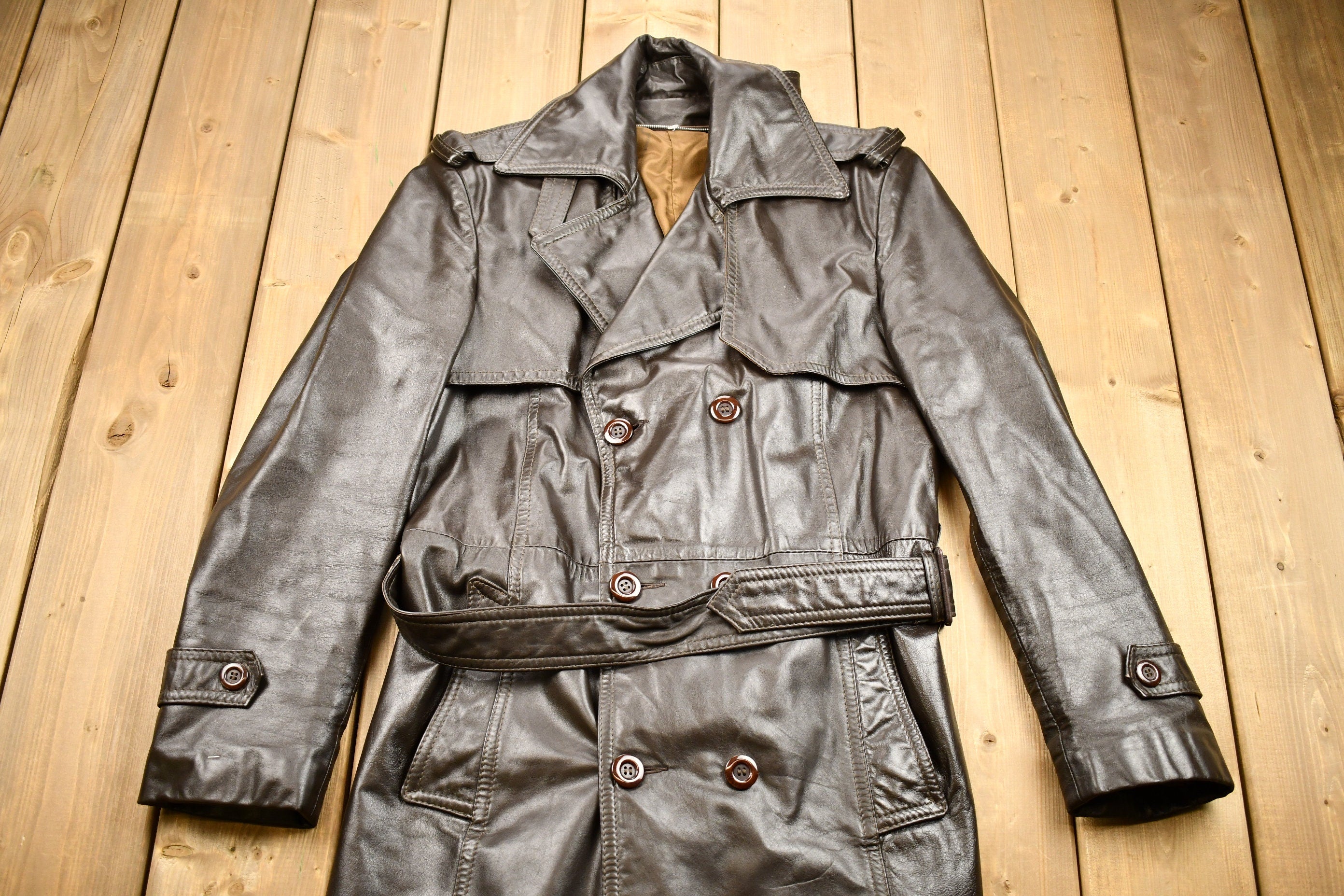 Vintage 1970s Full Length Brown Leather Trench Coat