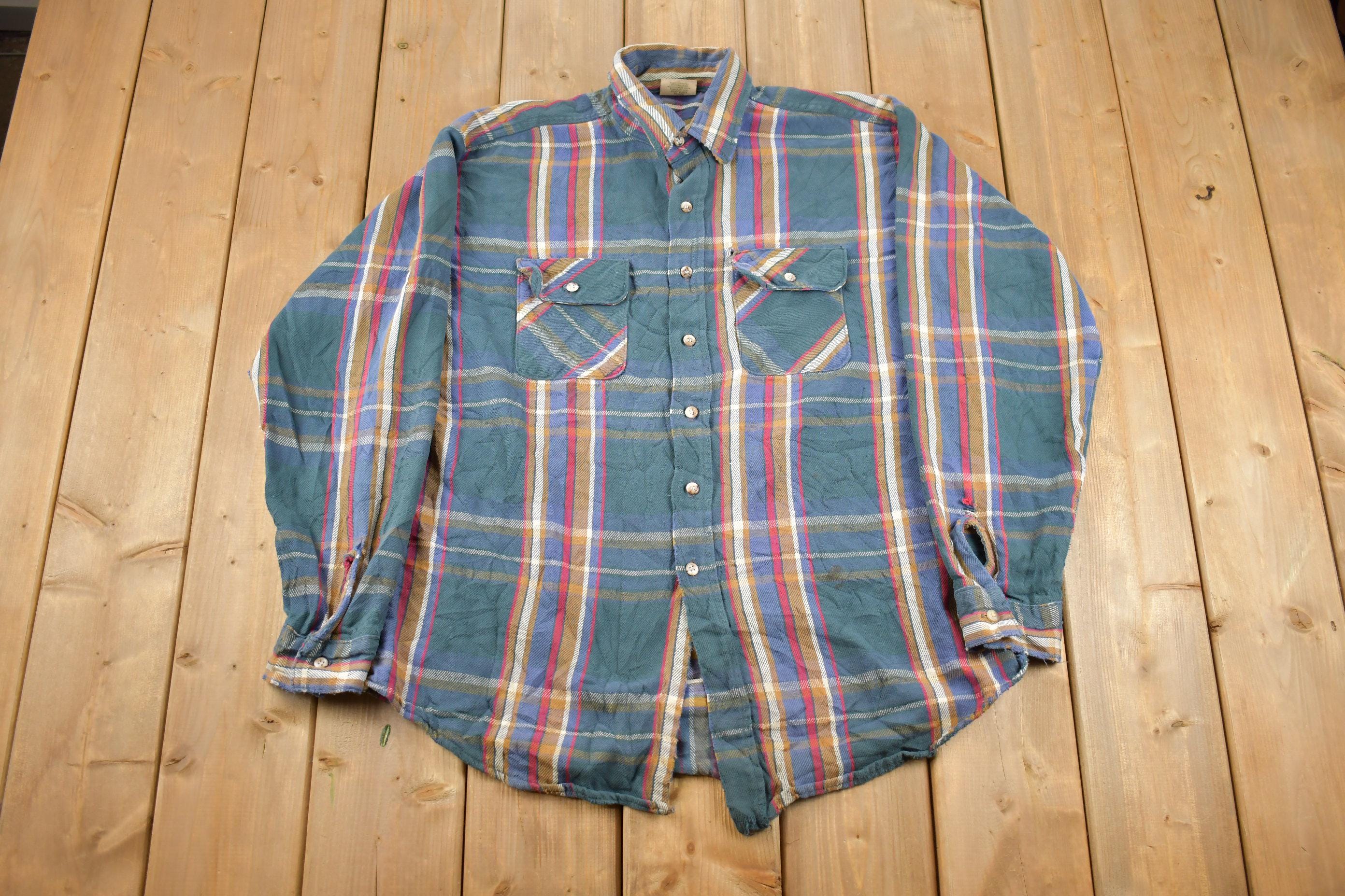 Vintage 1990s Five Brother Tall Man Forest Colored Plaid Button Up Flannel Shirt
