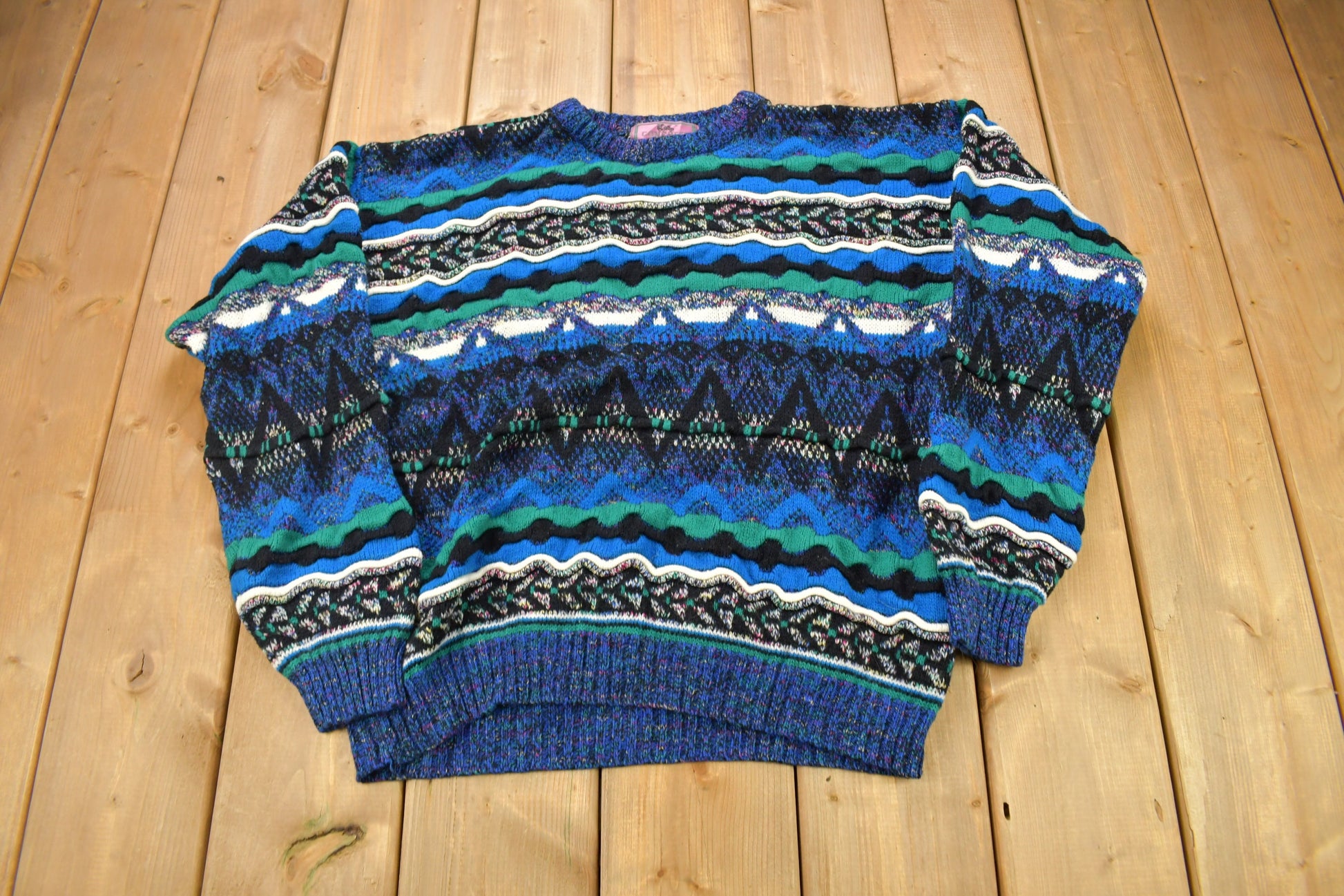 Vintage 1990s Concrete Mix 3D Colored Cable Knit Crewneck Sweater