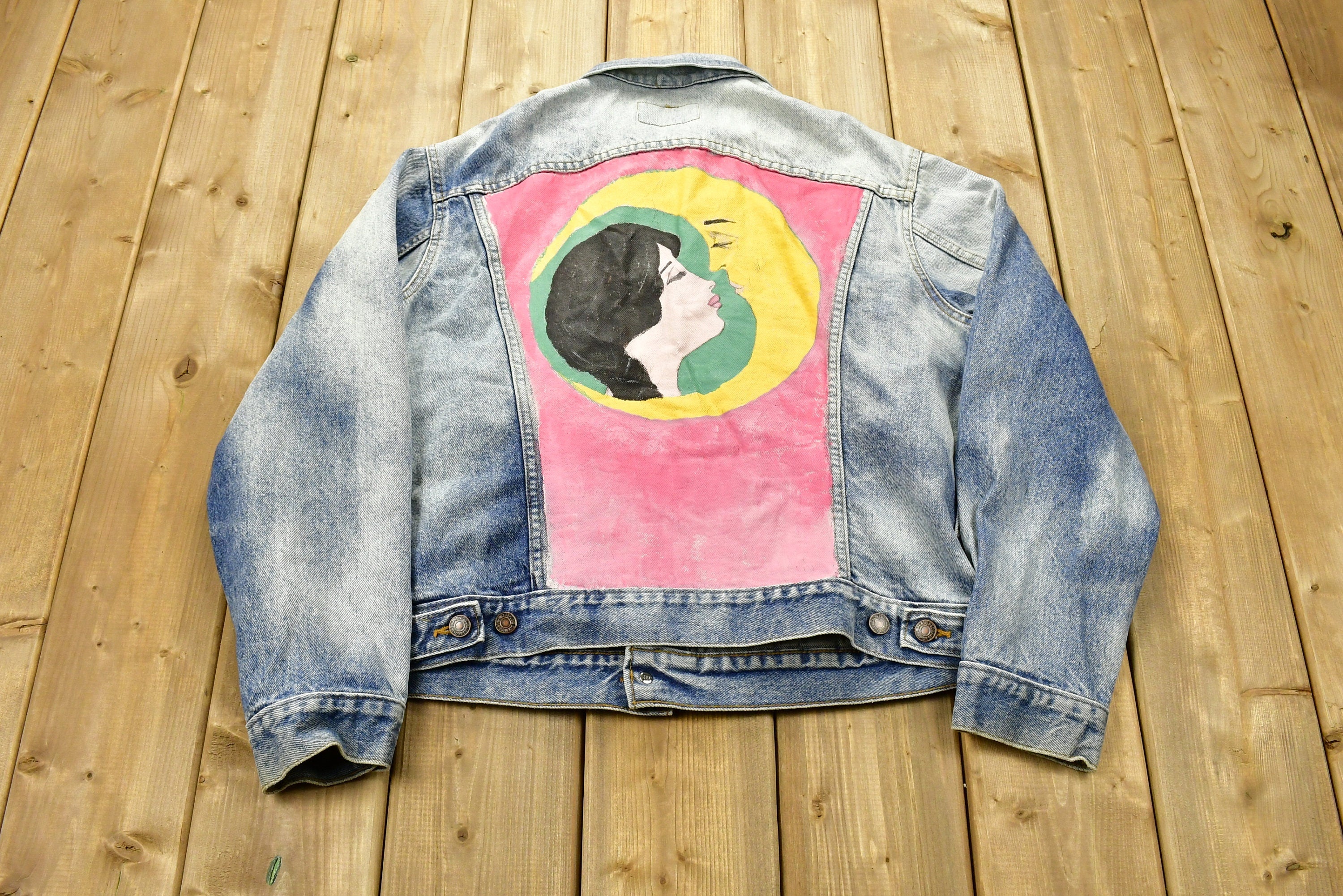 Vintage 1990s Levi's Acid Wash Custom Painted Denim Jean Jacket