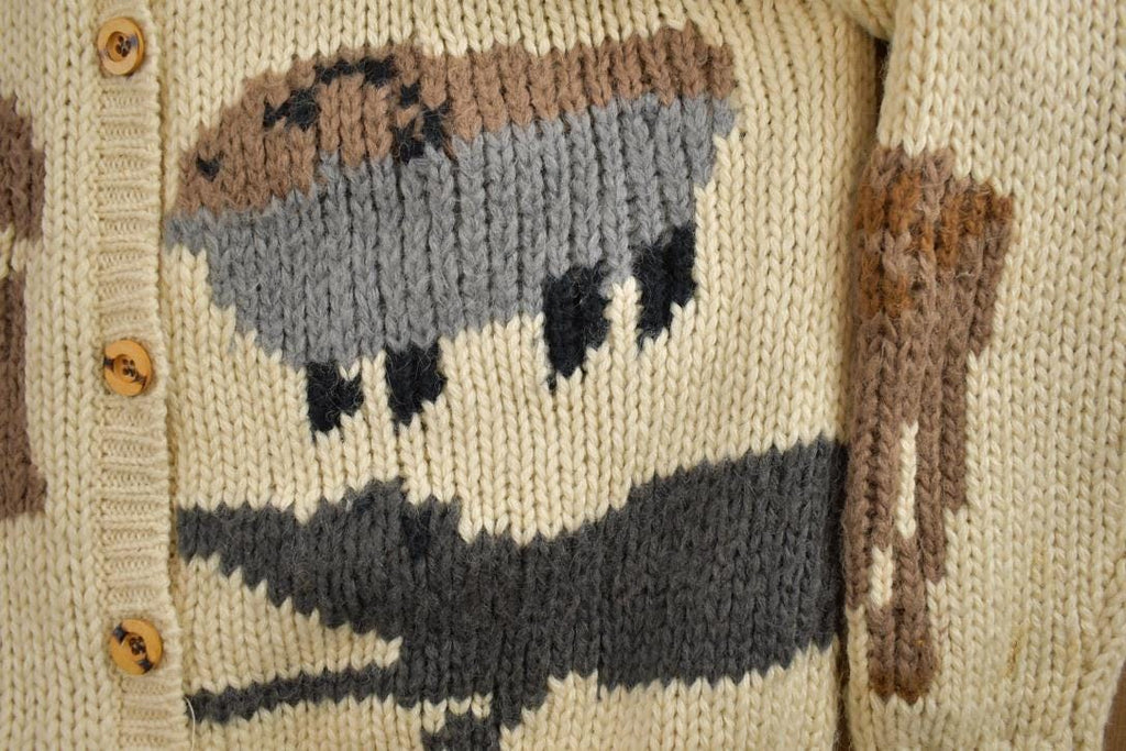 Vintage 1990s Marisa Christina Hand Knitted Wool Knit Full Button All Over Print Zoo Animal Crewneck Sweater