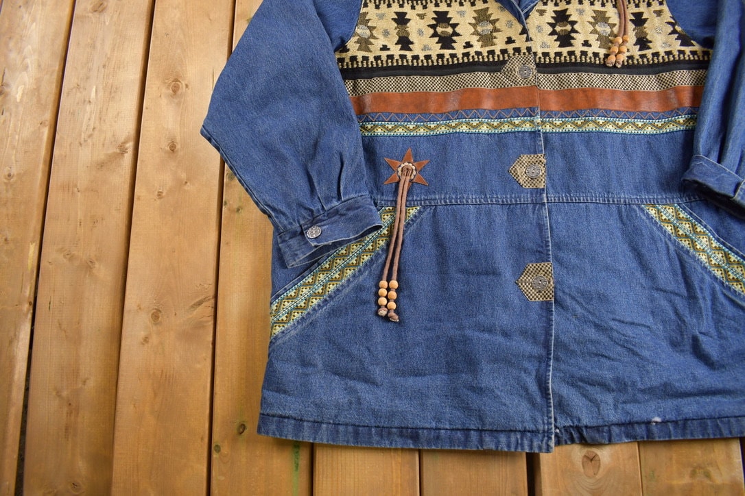 Vintage 1990s Aztec Western Denim Jean Jacket
