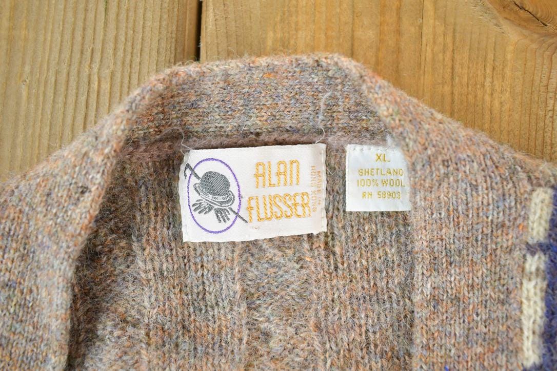 Vintage 1980s Alan Flusser 100% Wool Plaid Knit Perfect Mild Distress Cardigan Sweater Made In USA