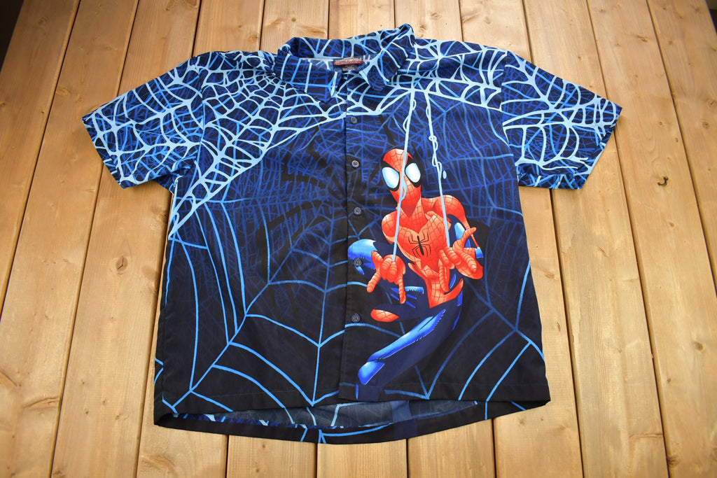 Vintage 2002 Spiderman All Over Print Button Up T-Shirt