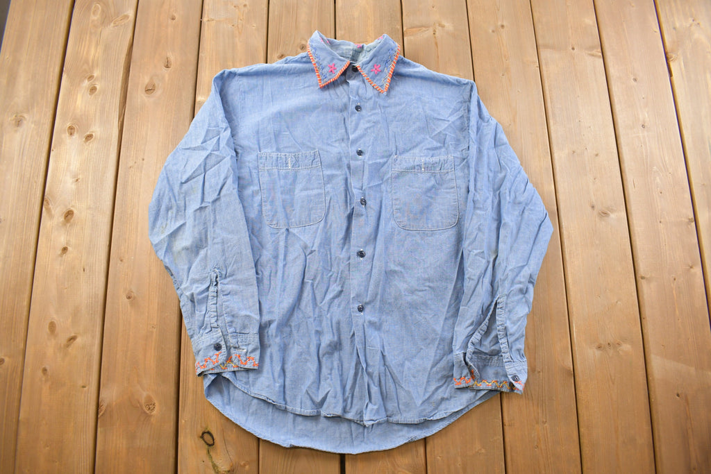 Vintage 1980s Sears Sugar Daddy Embroidered Denim Button Up Shirt