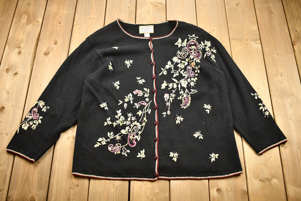 Vintage 1990s Floral Knit Cardigan Button Up Sweater