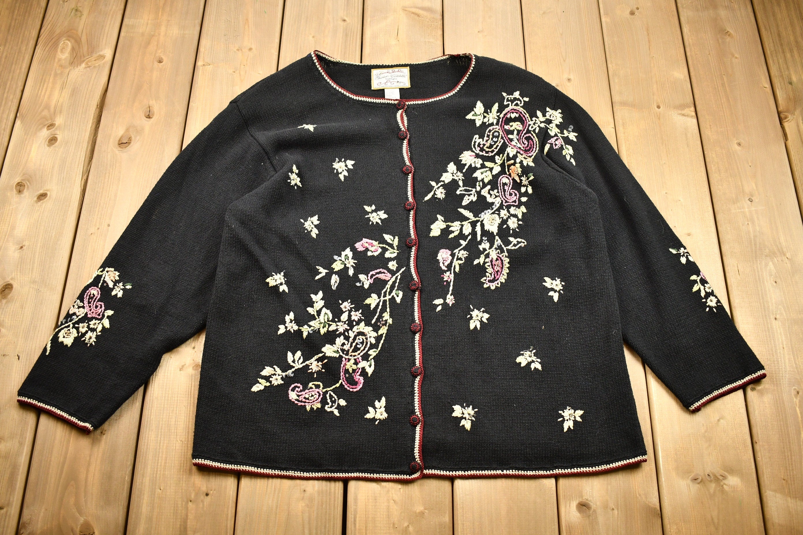 Vintage 1990s Floral Knit Cardigan Button Up Sweater