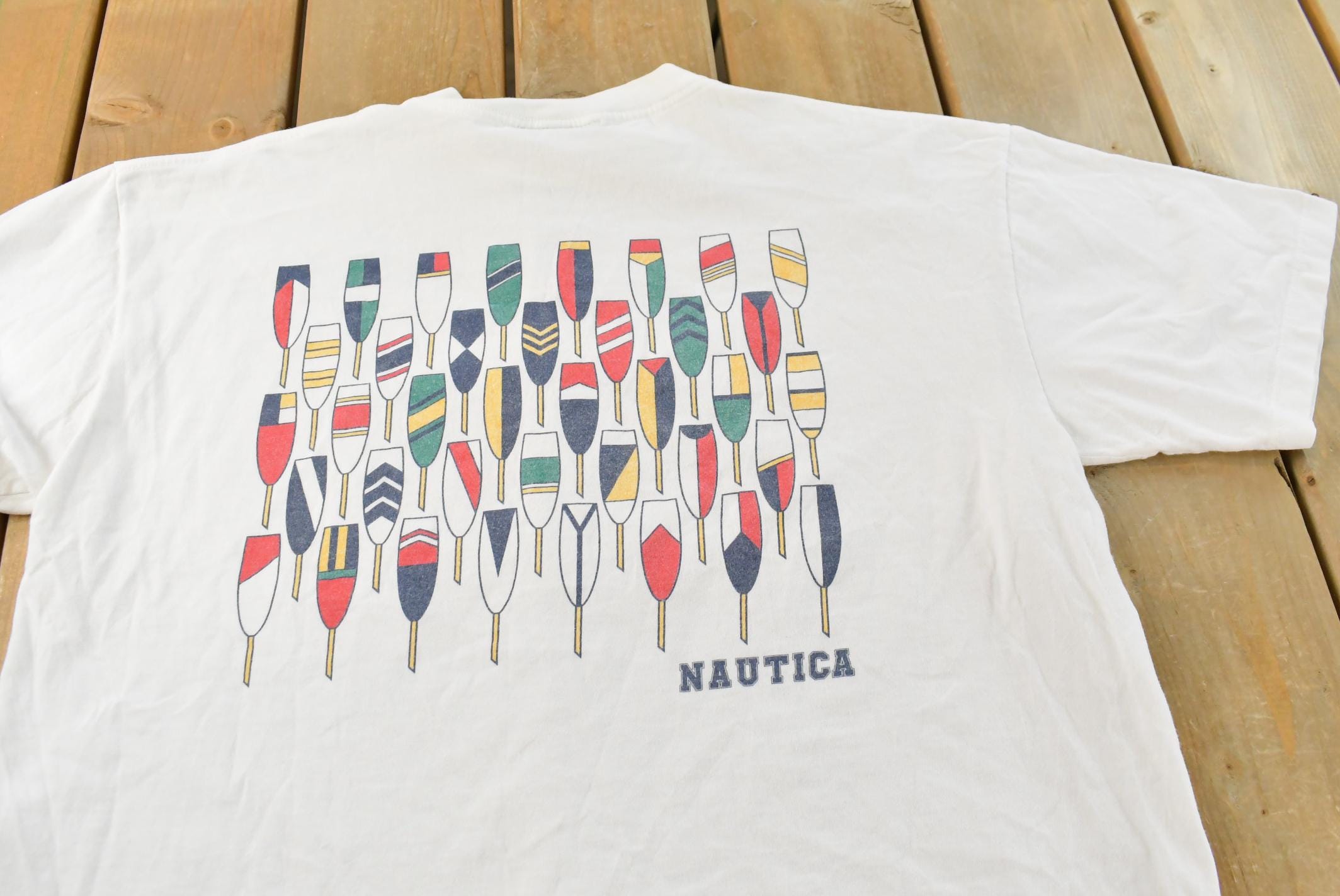 Vintage 1990s Nautica Rowing Oars Graphic T Shirt Men's L / Big Box Logo Print / 90s / Streetwear / Preppy / Made In USA / Single Stitch