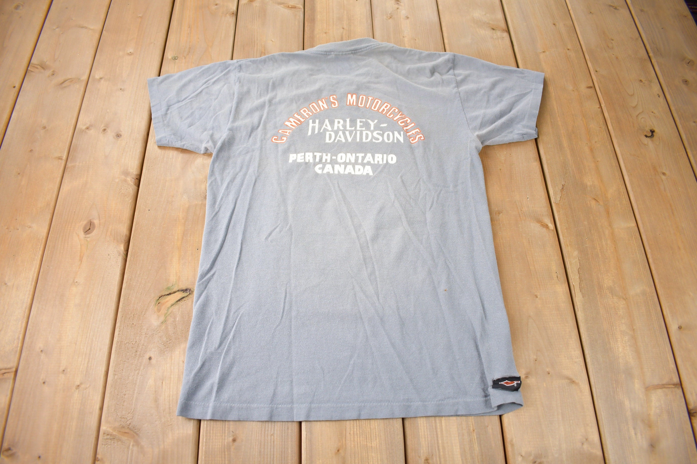 Vintage 1980s Camerons Harley Davidson Perth Ontario Single Stitch 3D Emblem T-Shirt Made In USA