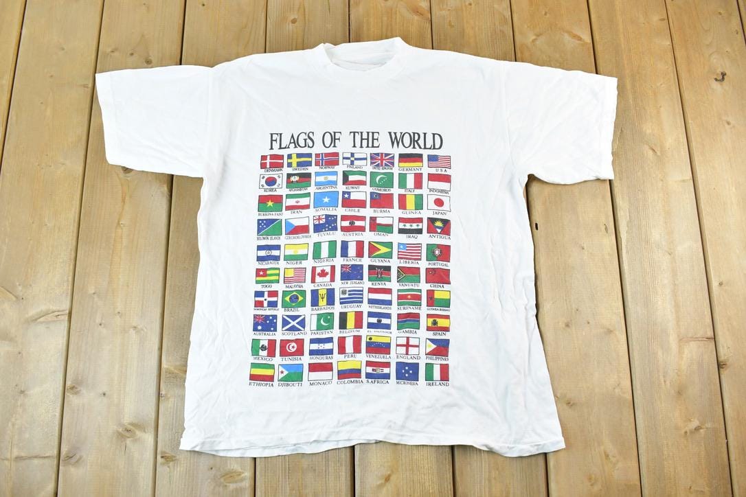 Vintage 1990s Flags Of The World Single Stitch T-Shirt