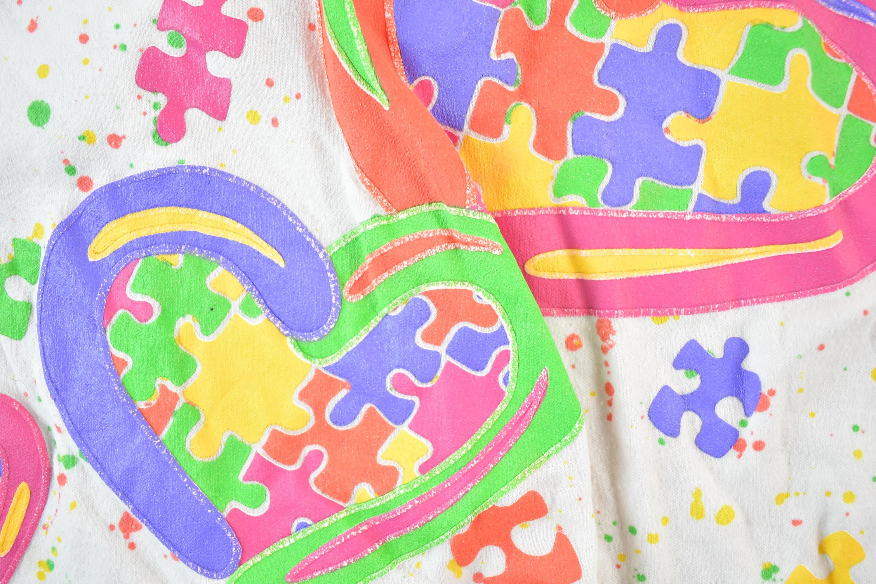 Vintage 1990s Andover Togs Puzzle Hearts Souvenir All Over Print T-Shirt Women's S