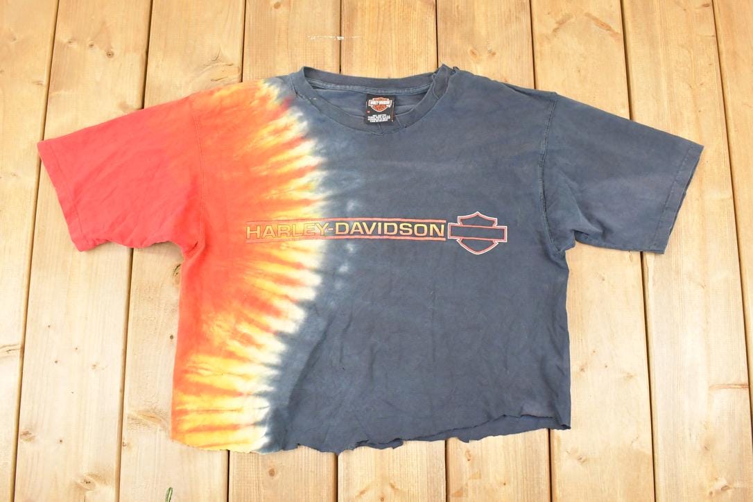 Vintage 1990s Warren Harley Davidson Motorcycles Tye Dye Cropped Biker T-Shirt Women's M