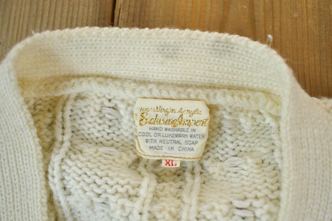 Vintage 1990s Cable Knit Perfect Mild Distress Cream Cardigan Sweater Made In USA