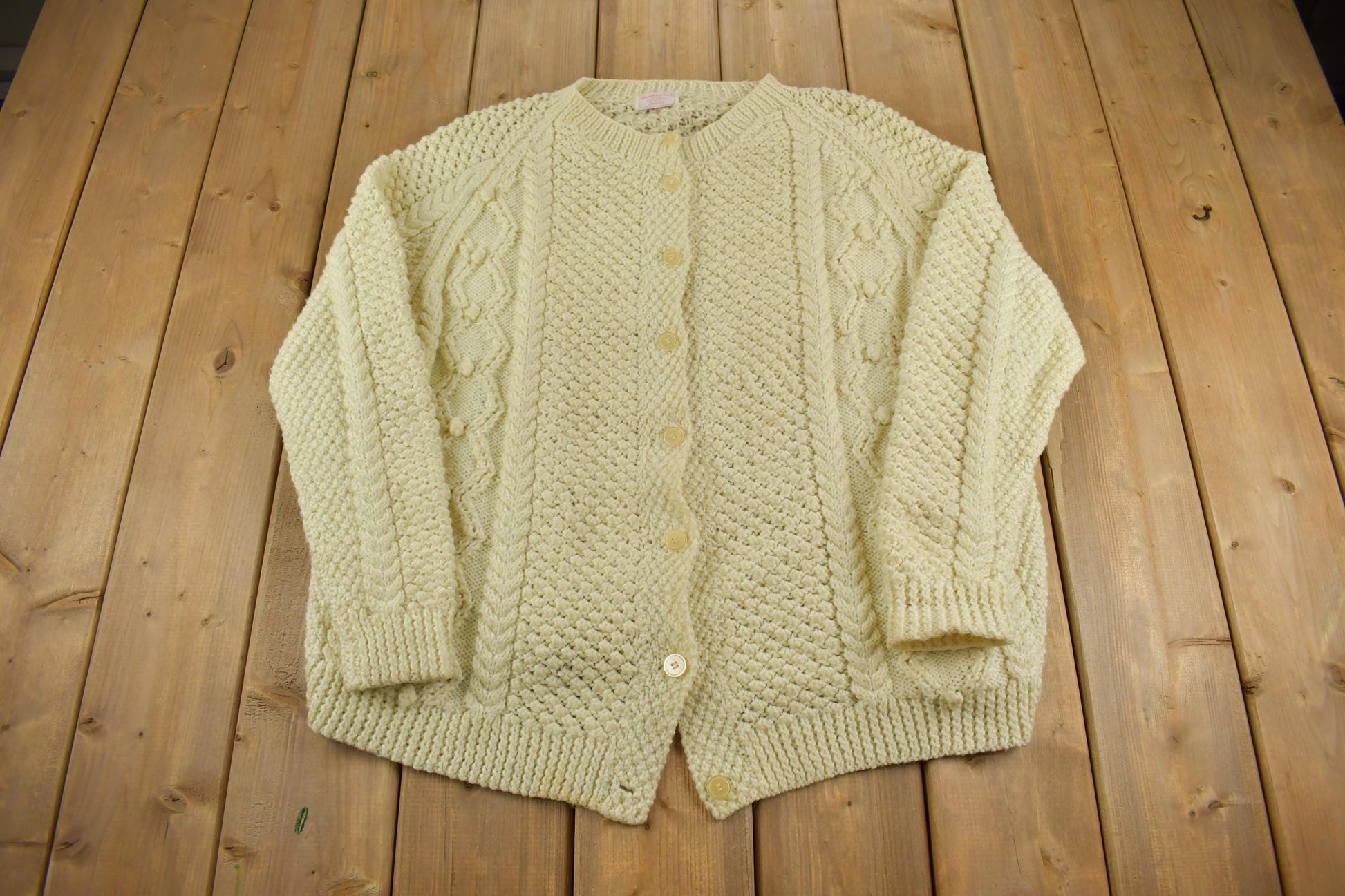 Vintage 1990s Cable Knit Crewneck Cardigan Sweater