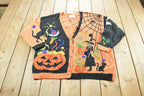 Vintage 1990s Marisa Christina Halloween AOP Heavy Knit Cardigan Sweater Women's XXL / Knitted by Hand / Pumpkin Witch Ghost Spooky