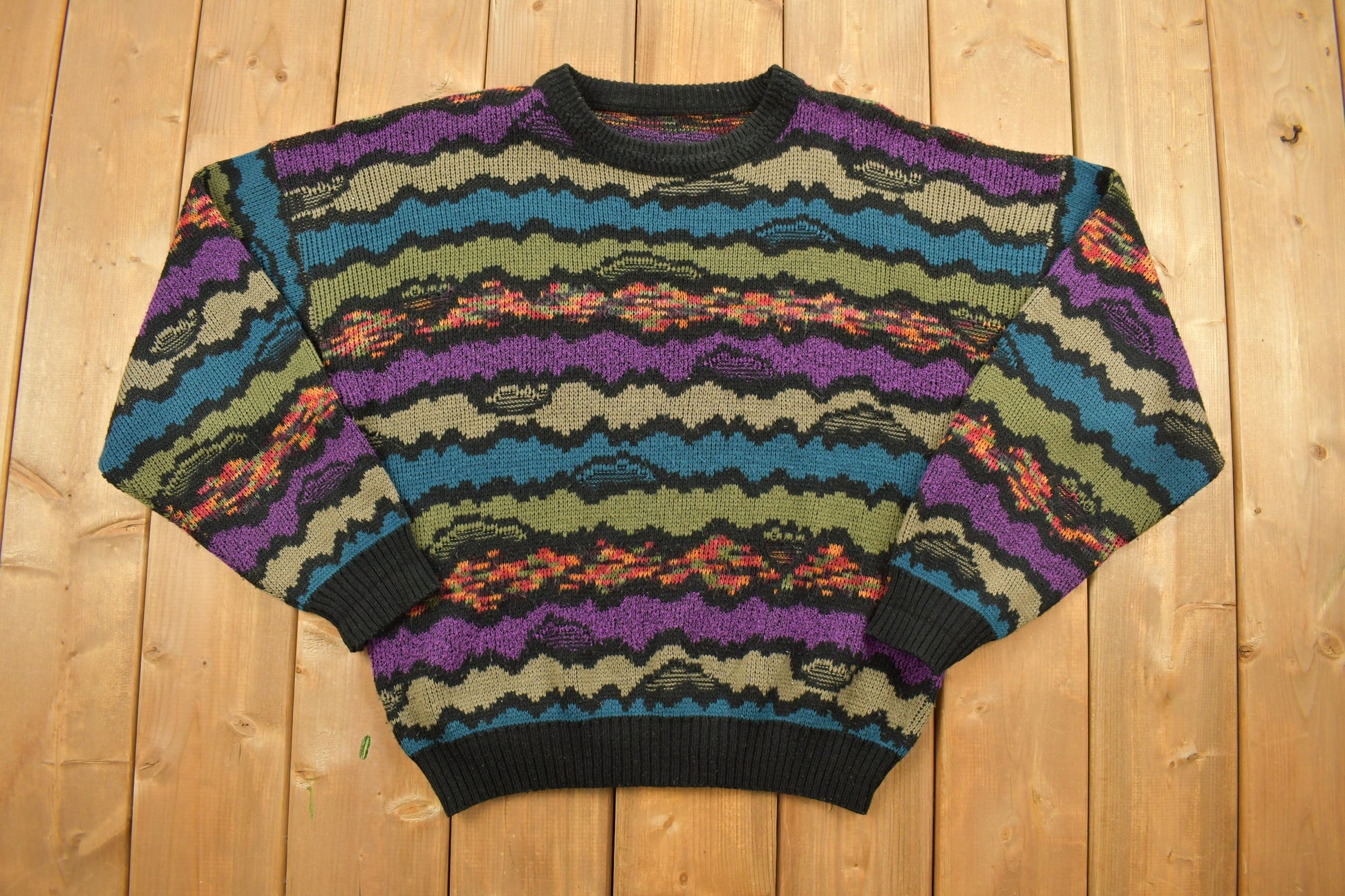 Vintage 1990s Abstract Squiggle Knit Crewneck Sweater /