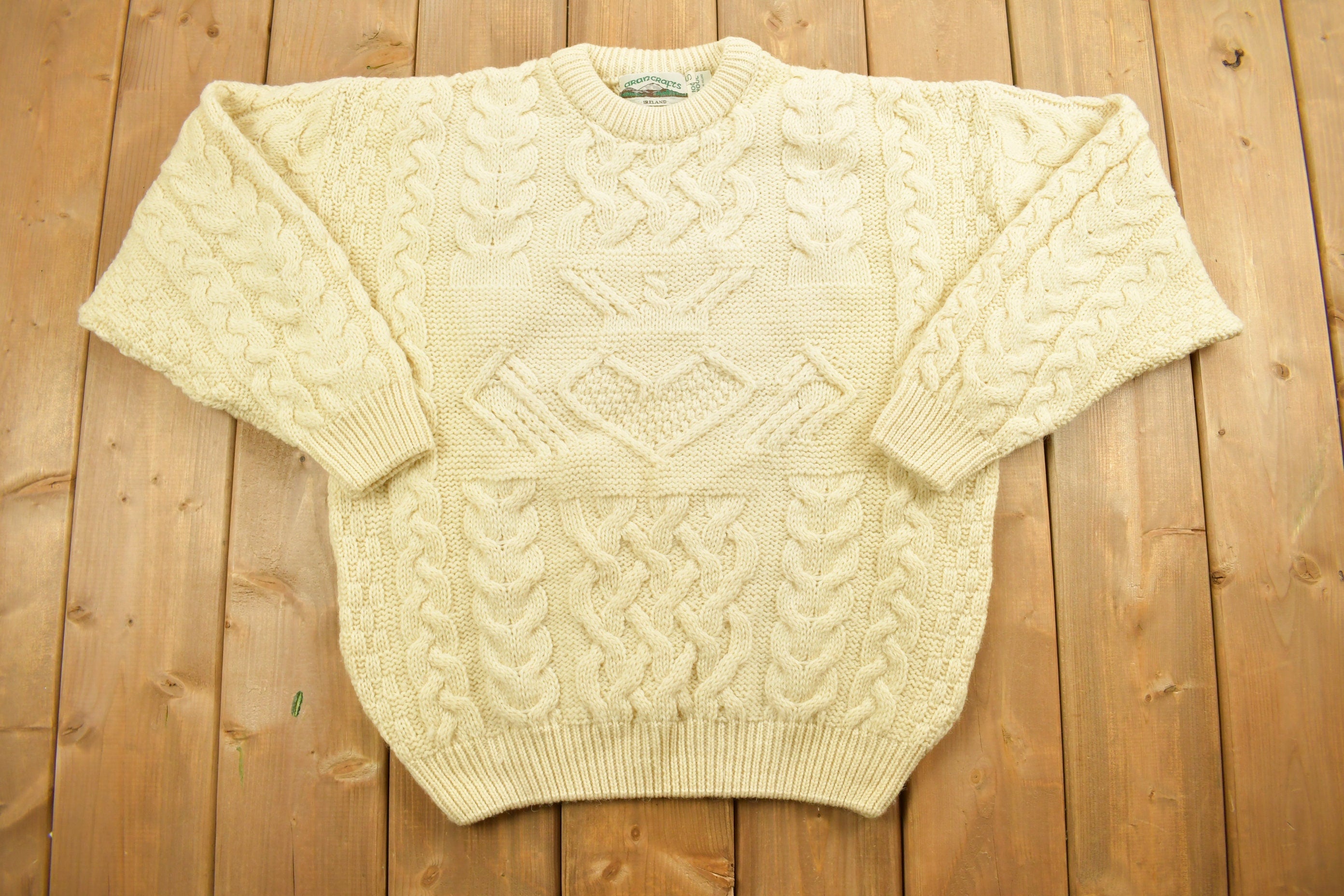 Vintage 1990s Aran Crafts 100% Wool 3D Cable Knit Sweater