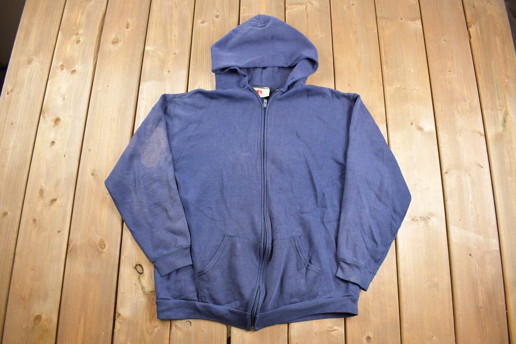 Vintage 1980s Russell Blank Navy Blue Zip-Up Hoodie