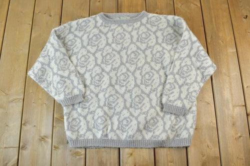Vintage 1990s Benetton Knit Crewneck Sweater Made In Italy / 90s Crewneck / Abstract Rose Pattern / Preppy Knits