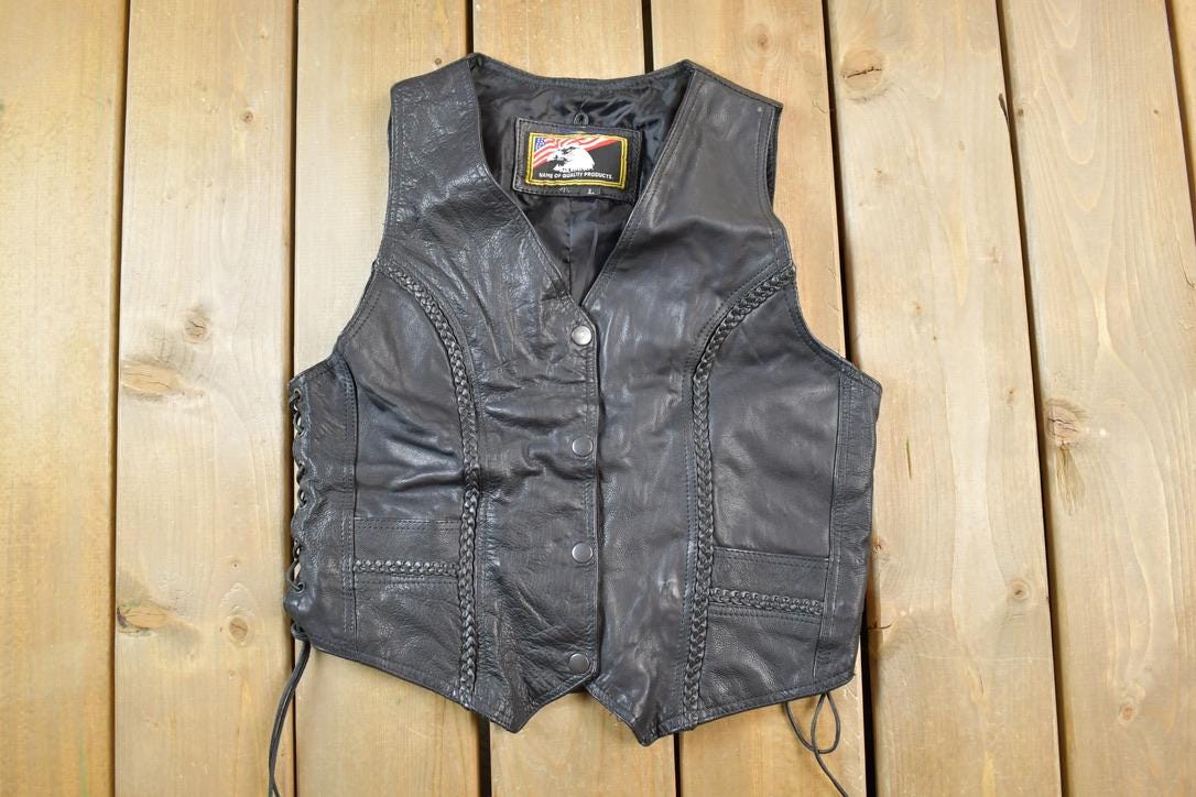 Vintage 1990s Leather Motorcycle Vest Made In USA