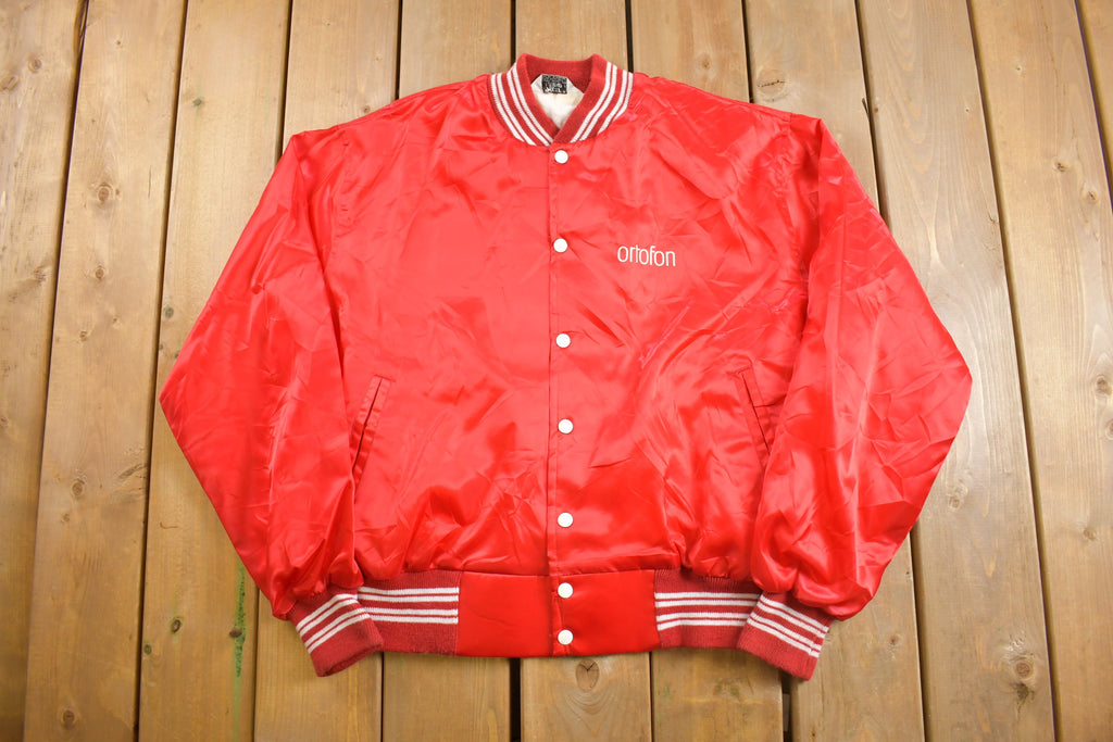 Vintage 1980s Ortofon Red and White Satin Bomber Jacket