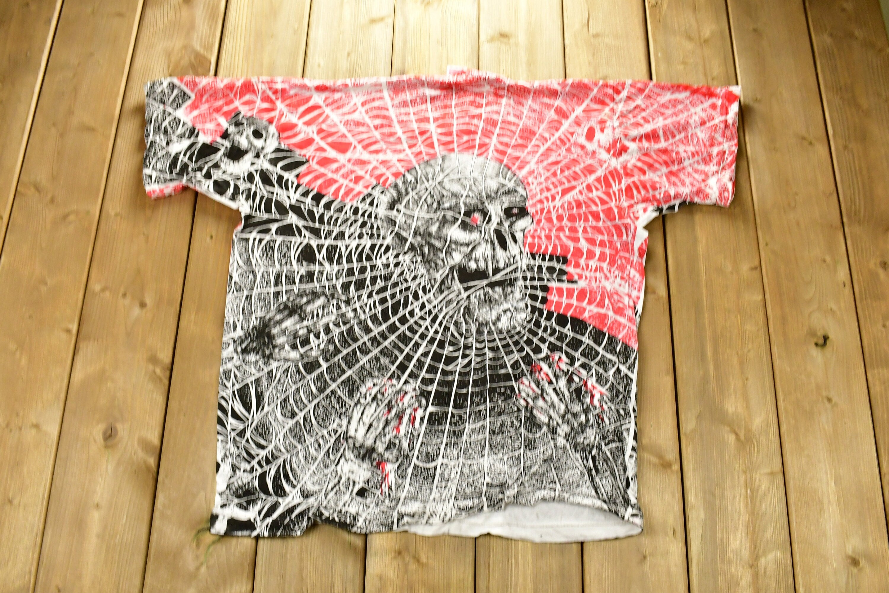 Vintage 1990s Skull And Spider Web All Over Print Single Stitch T-Shirt