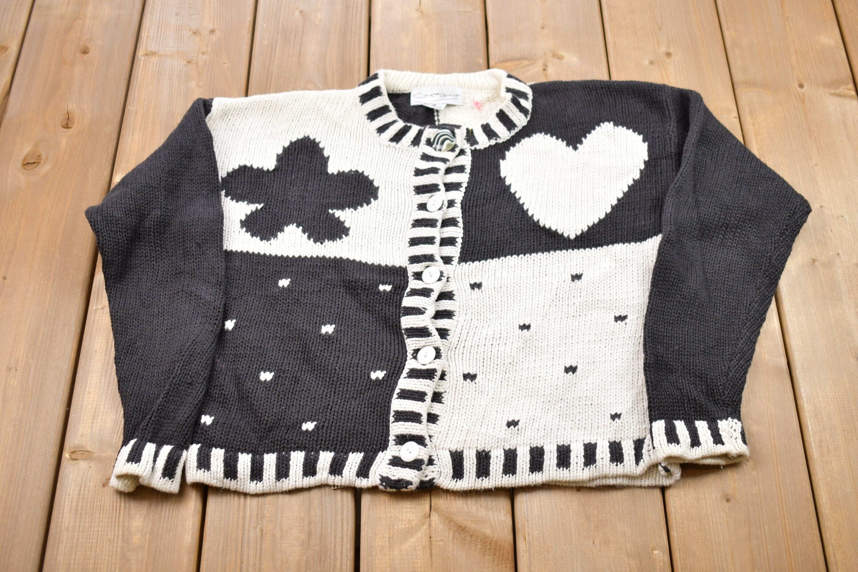 Vintage 1980s Knitted Heart Graphic Cardigan Sweater
