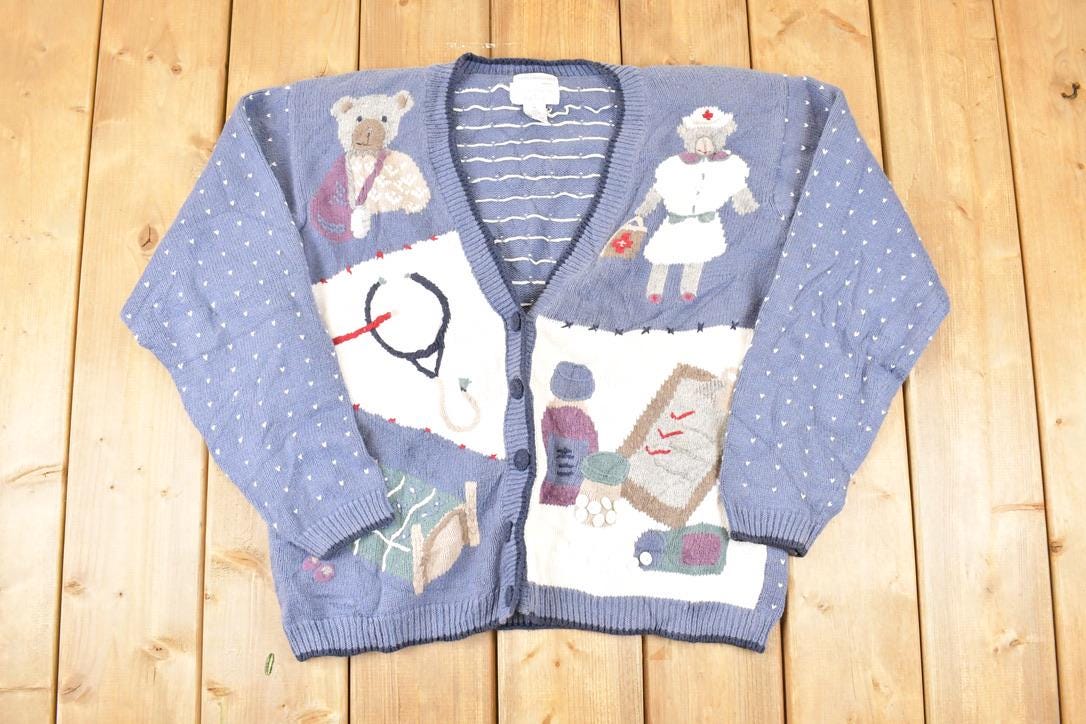 Vintage 1990s Christopher & Banks Teddy Bear Hand Embroidered Knit Cardigan Sweater Women's M
