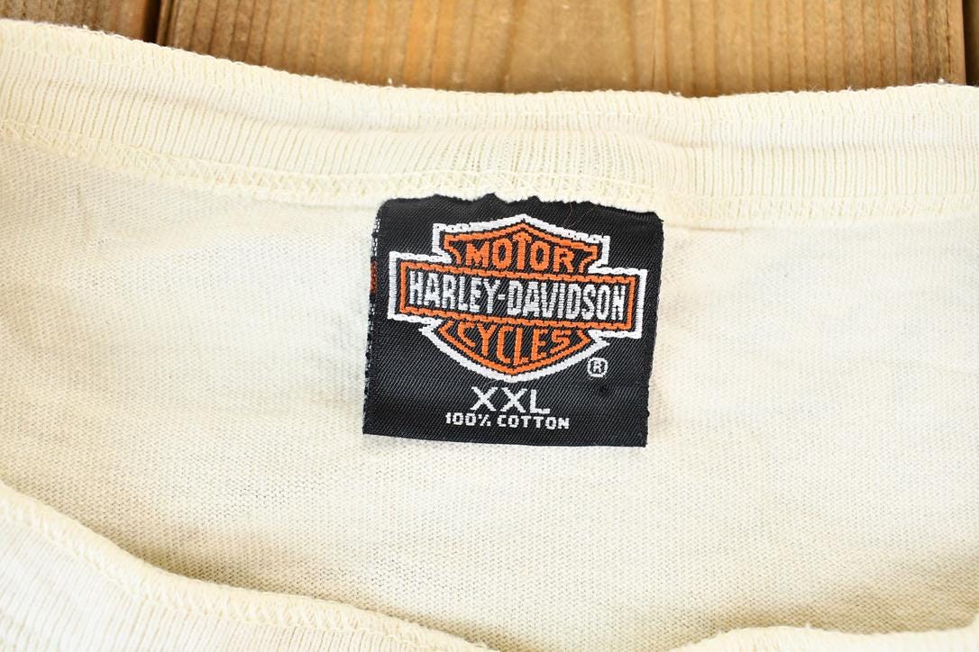 Vintage 1996 Harley Davidson Motorcycles Denver Colorado Single Stitch Short Sleeve Henley Graphic T-Shirt