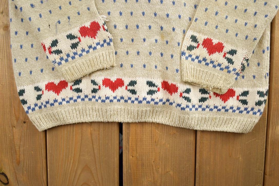 Vintage 1990s Cottage Cove Button Up All Over Print Heart And Bear Knit Crewneck Sweater