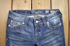 Vintage Y2K Miss Me Thrashed Bedazzled Cowgirl Western Boot Cut Low Rise Jeans Size 26x33