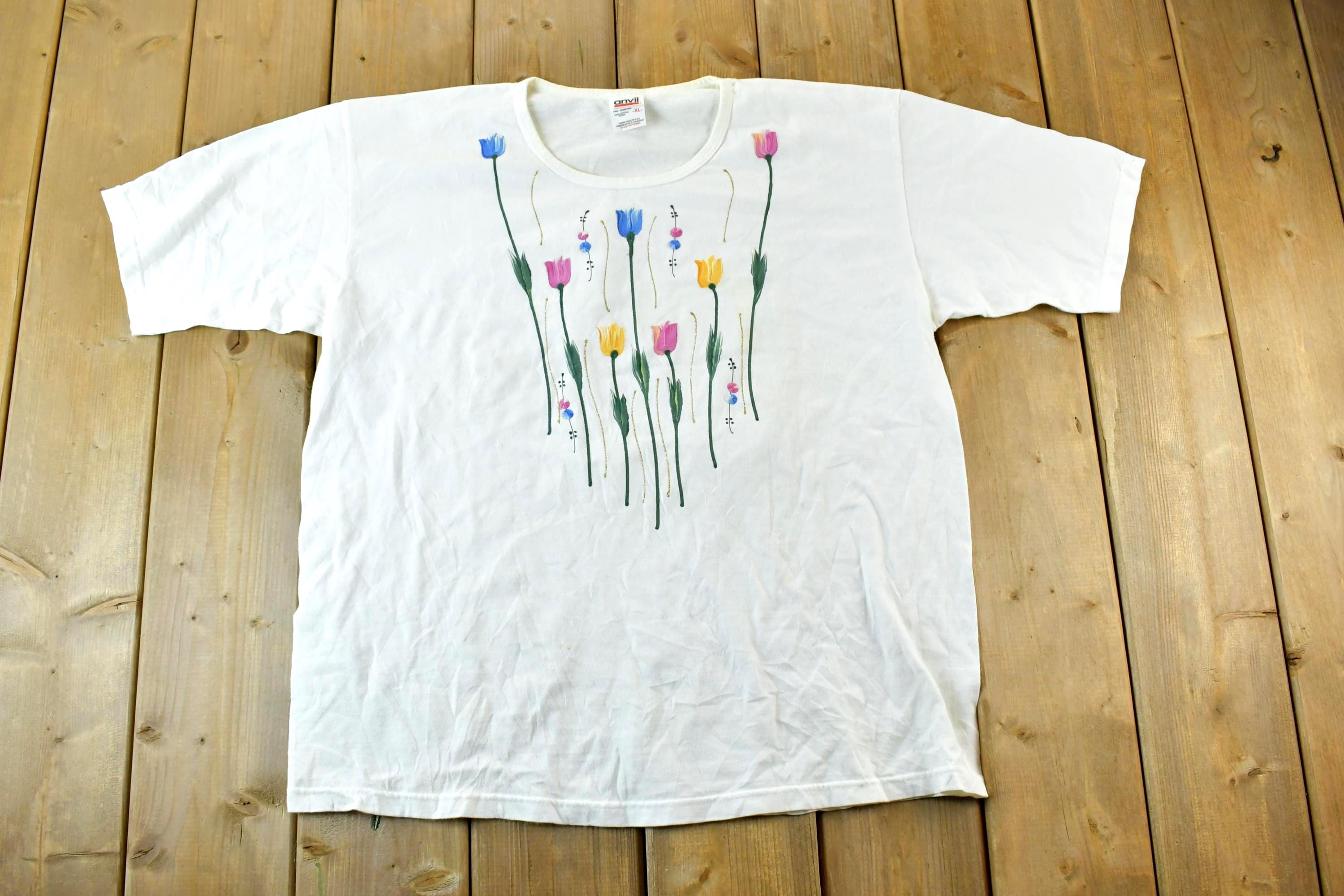 Vintage 1990s Painted Flowers Single Stitch T-Shirt