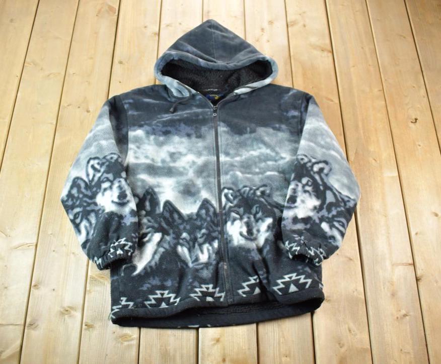 Vintage 1990s AOP Wolves Fleece Outdoorsman Hooded Zip Up Sweater