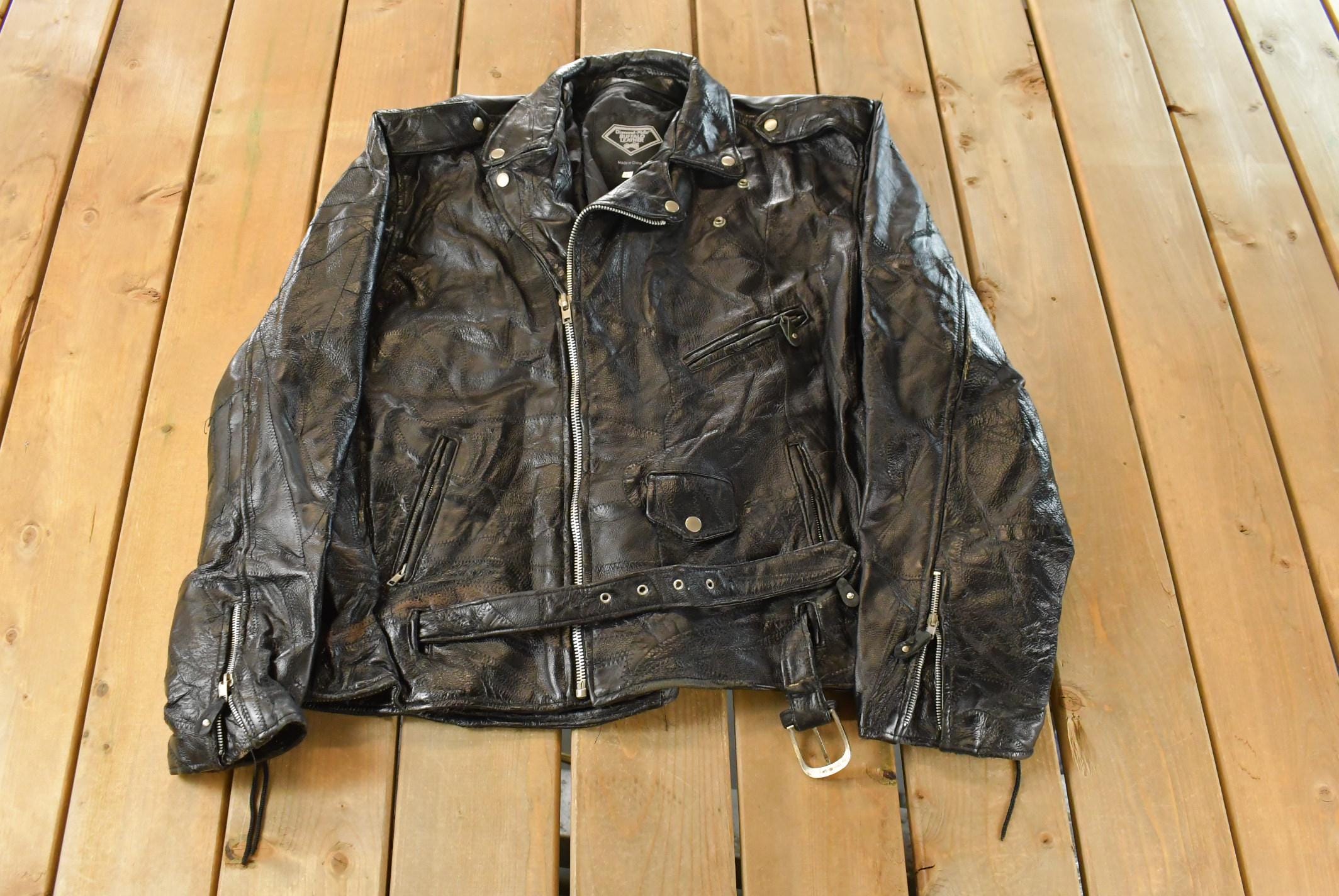 Vintage 1980s Diamond Plate Buffalo Leather Biker Motorcycle Jacket Men's 2XL