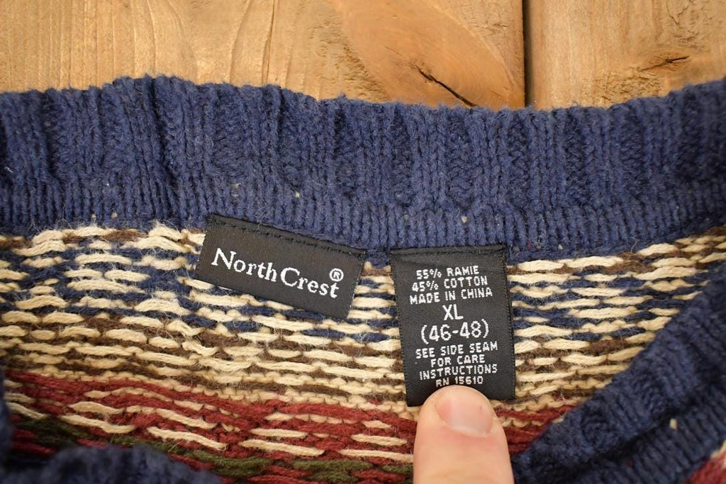 Vintage 1990s North Crest Abstract Striped Knit Crewneck Sweater Women's XL / 90s Knitted Sweatshirt / Vintage Preppy Knits