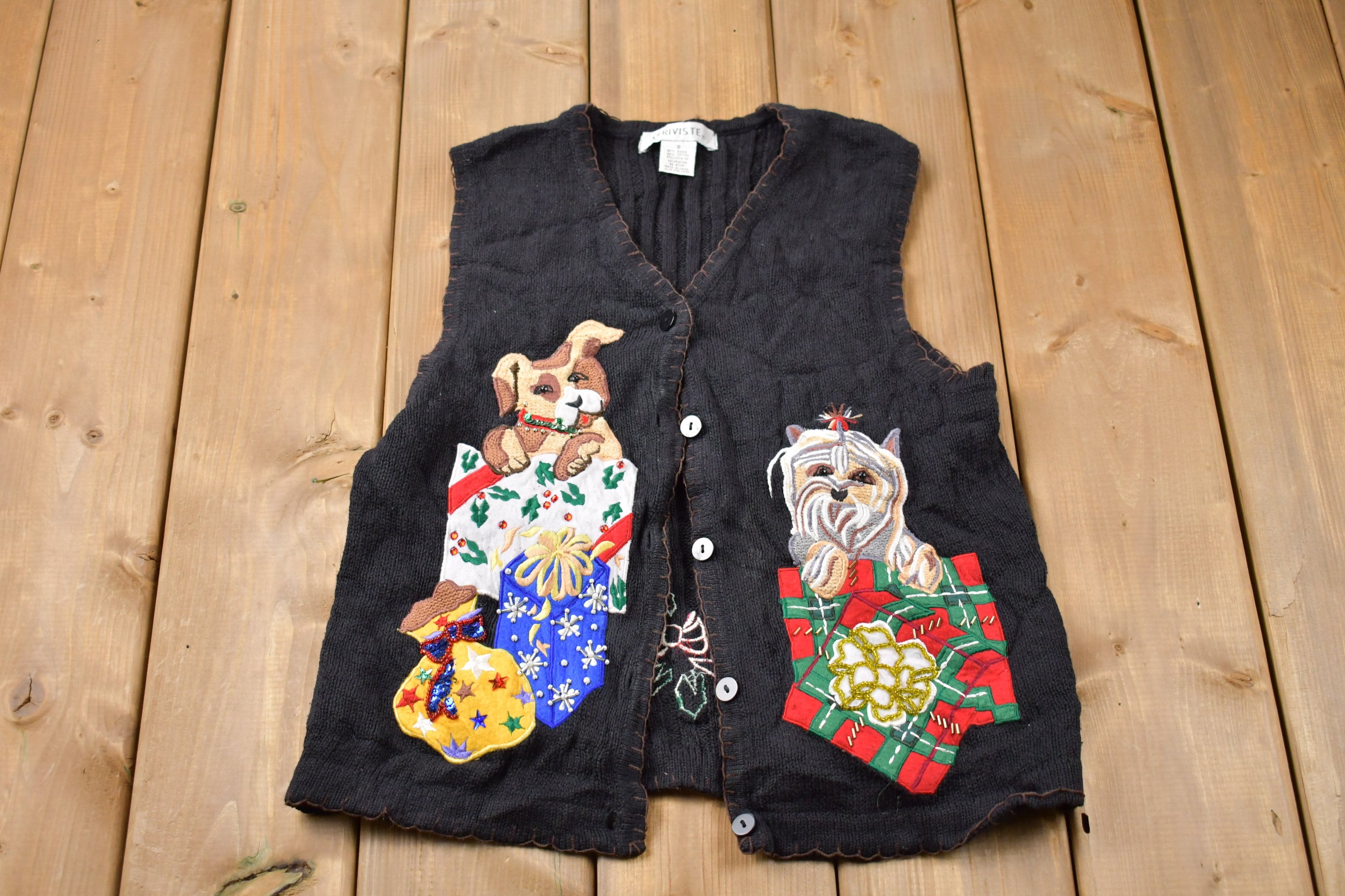 Vintage 1990s Arriviste Cute Dog Embroidered Knitted Vest