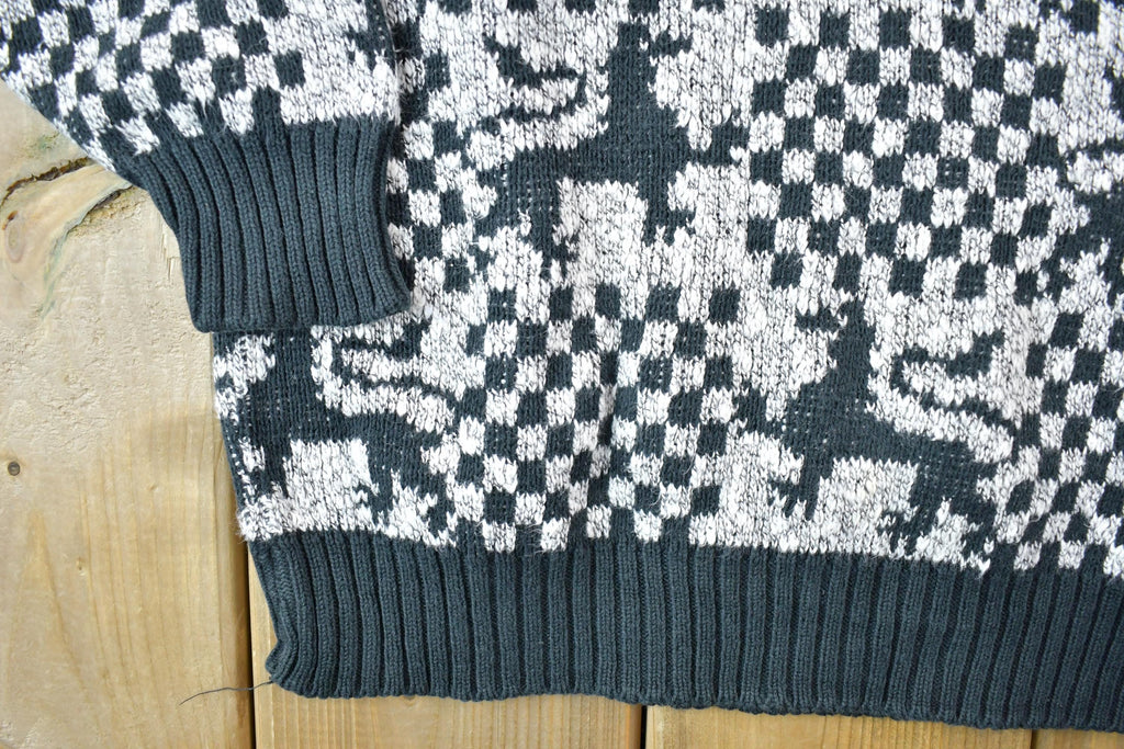 Vintage 1990s Dragon Pattern Knit Collared Sweater  90s Crewneck  Made In USA  Preppy Knit