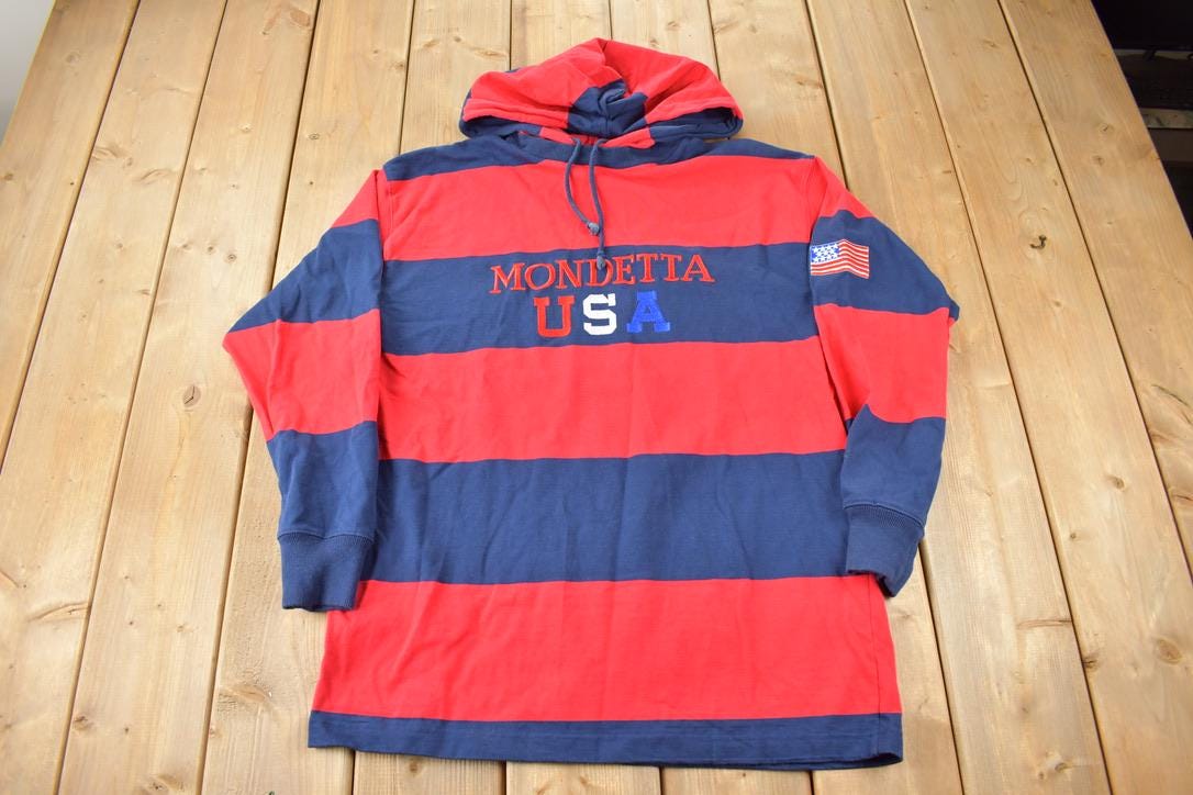 Vintage 1980s Mondetta USA Embroidered Striped Hoodie Size Medium