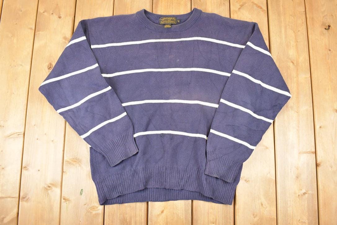 Vintage 1990s Eddie Bauer Striped Knit Crewneck Sweater Men's L / 90s Knitted Sweatshirt / Vintage Preppy Knits