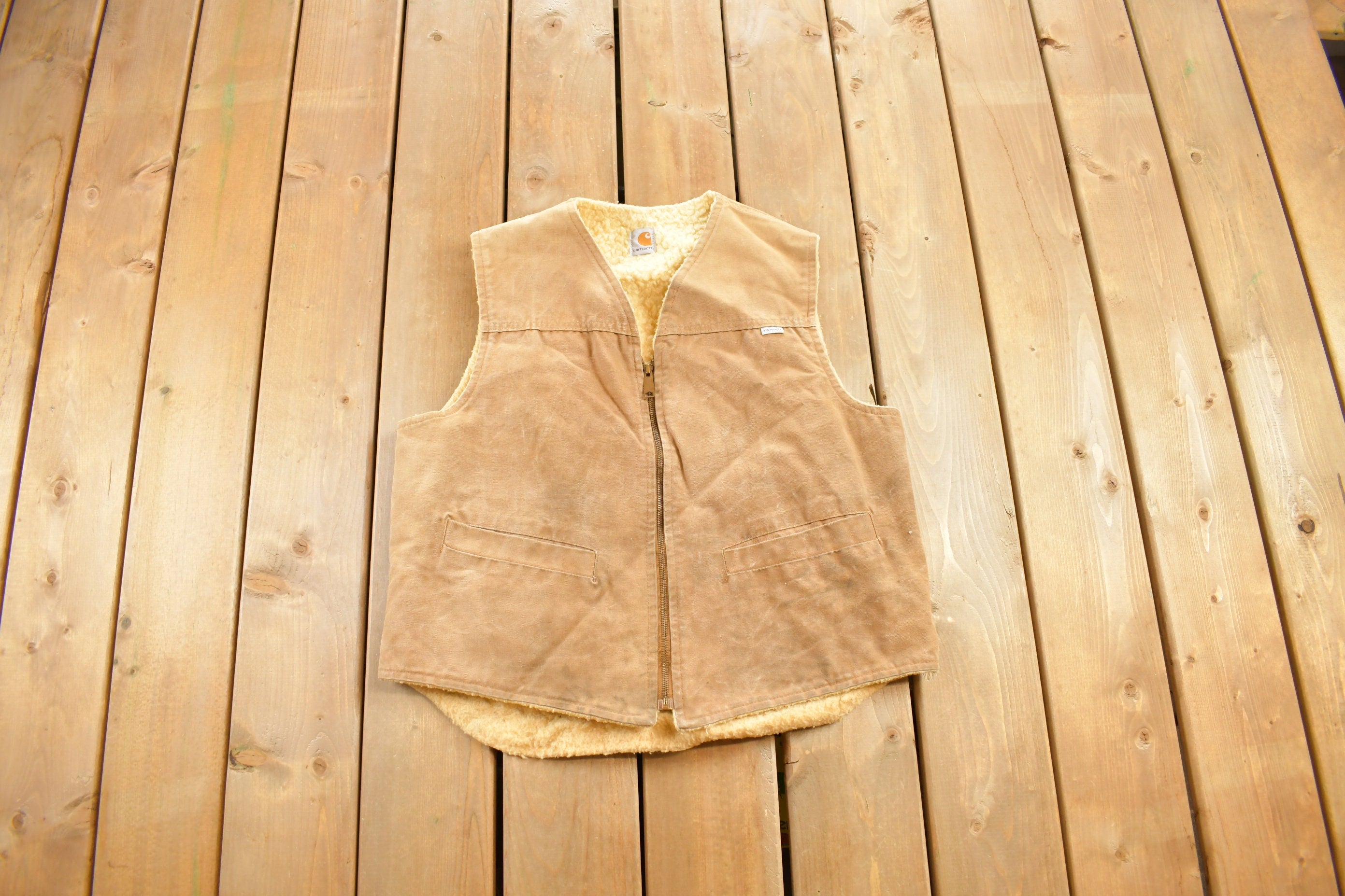 Vintage 1980s Carhartt Sherpa Lined Beige Work Vest