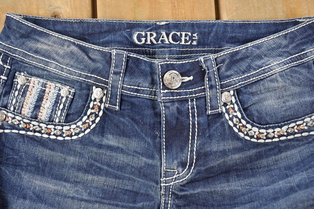 Vintage Deadstock Y2K Grace In LA Bedazzled Low Rise Jeans Women's Size 26x31